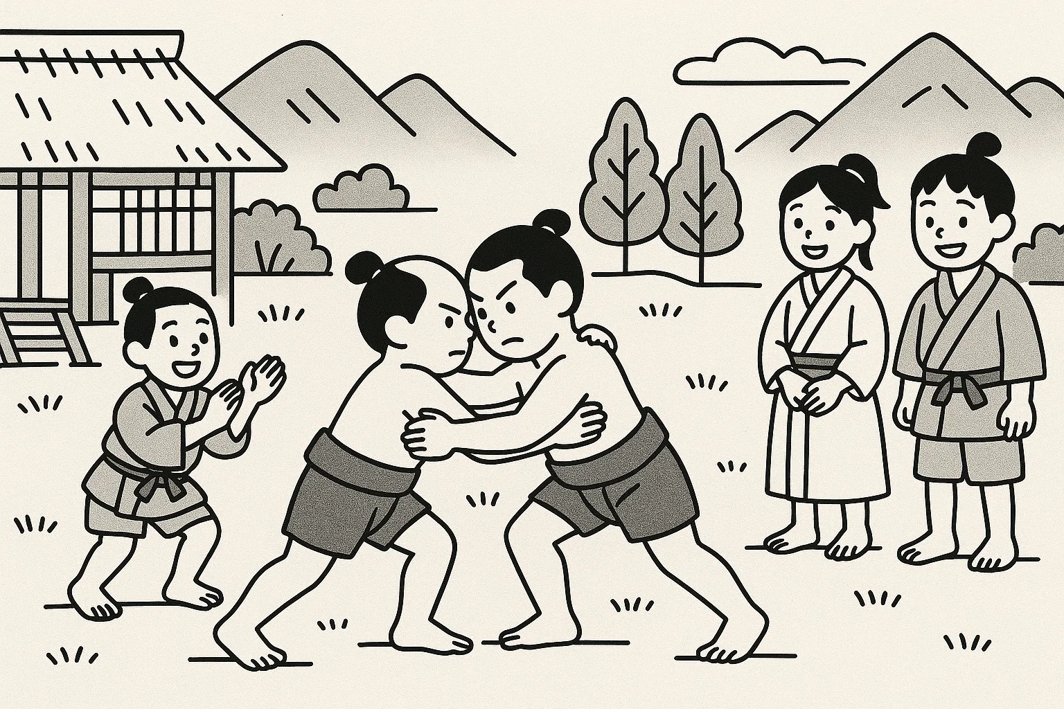 戦国時代の子供たちが、天気の良い日に相撲などをしながら遊んでいる様子