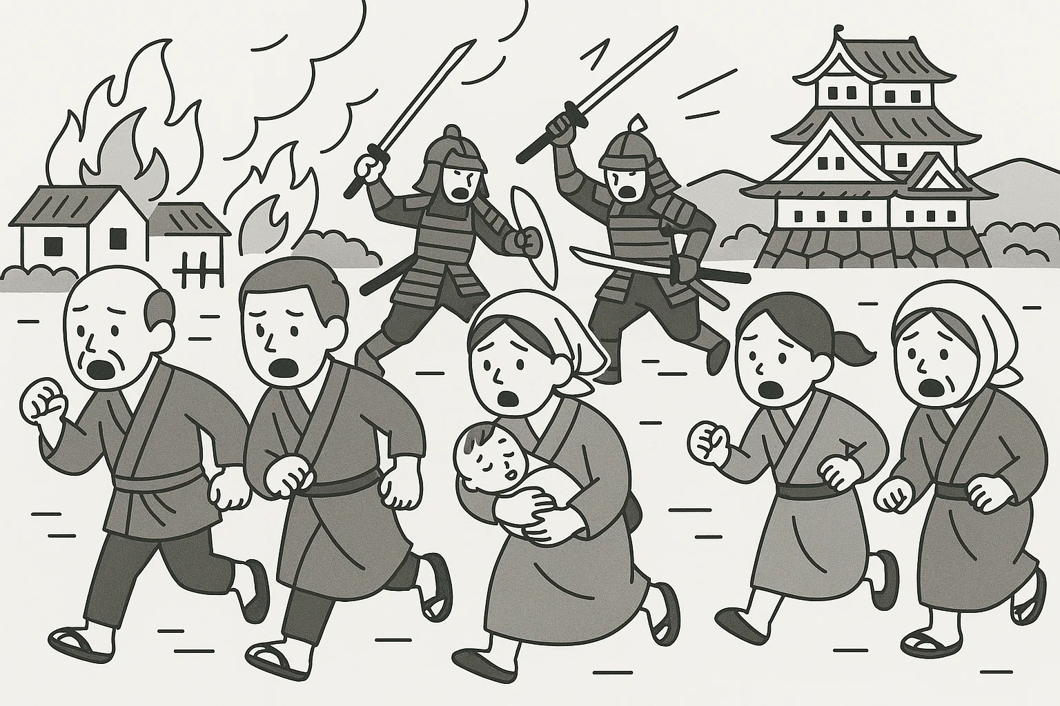 戦場から逃げる村人