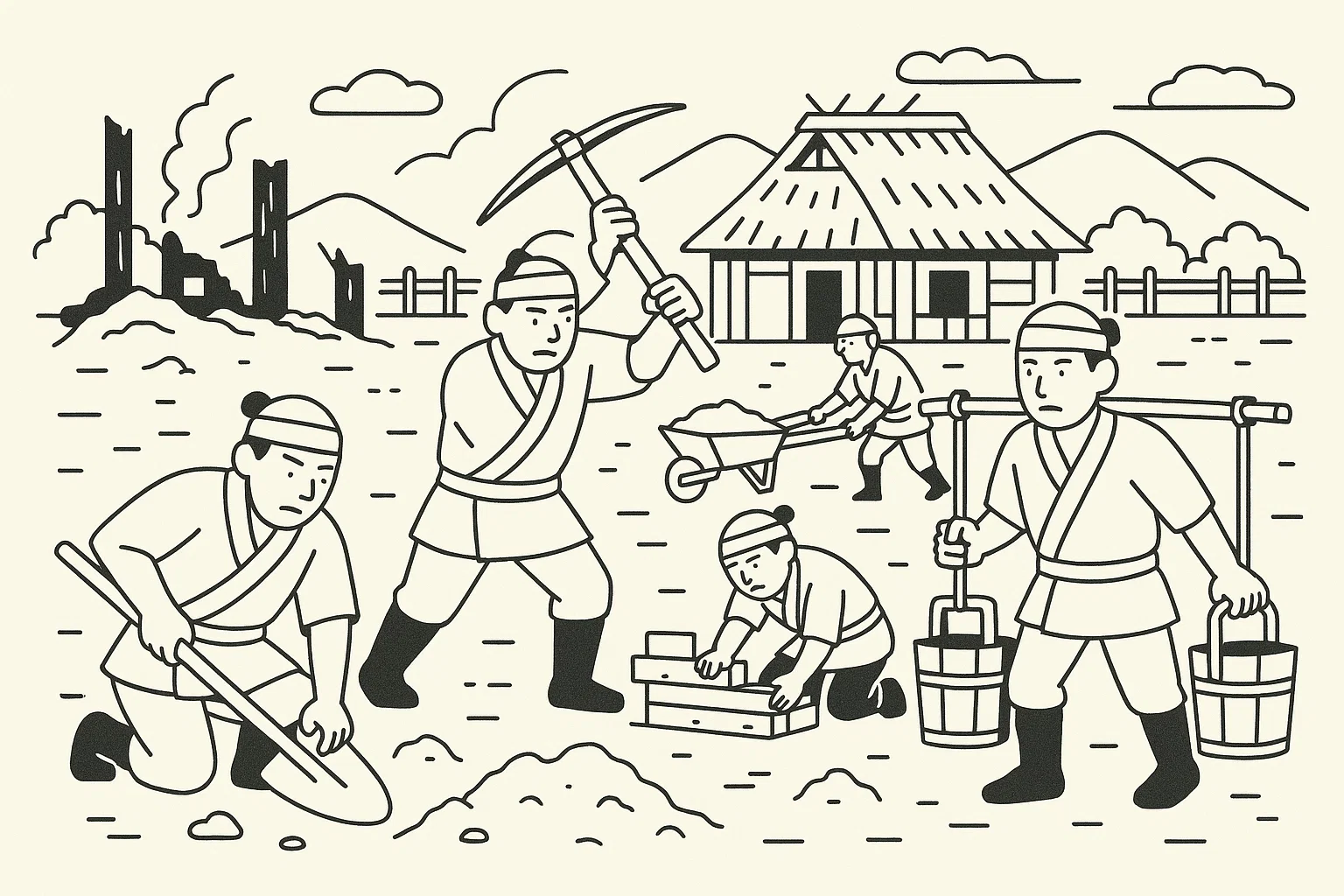 戦国時代。戦のあとの村を復興している土木作業のイラスト