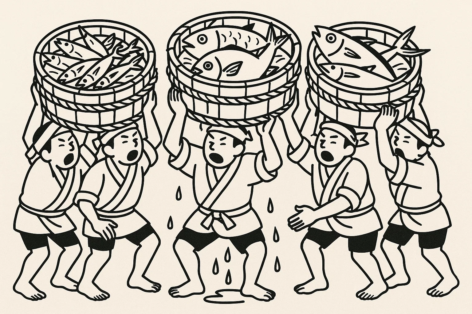 掛け声が重なり、魚荷人足たちが一斉に桶を担ぎ上げる。 木の桶には、まだ跳ねる鰯、銀色に光る鯖、そして赤い鯛。 海の匂いが一気にあたりに満ちる。