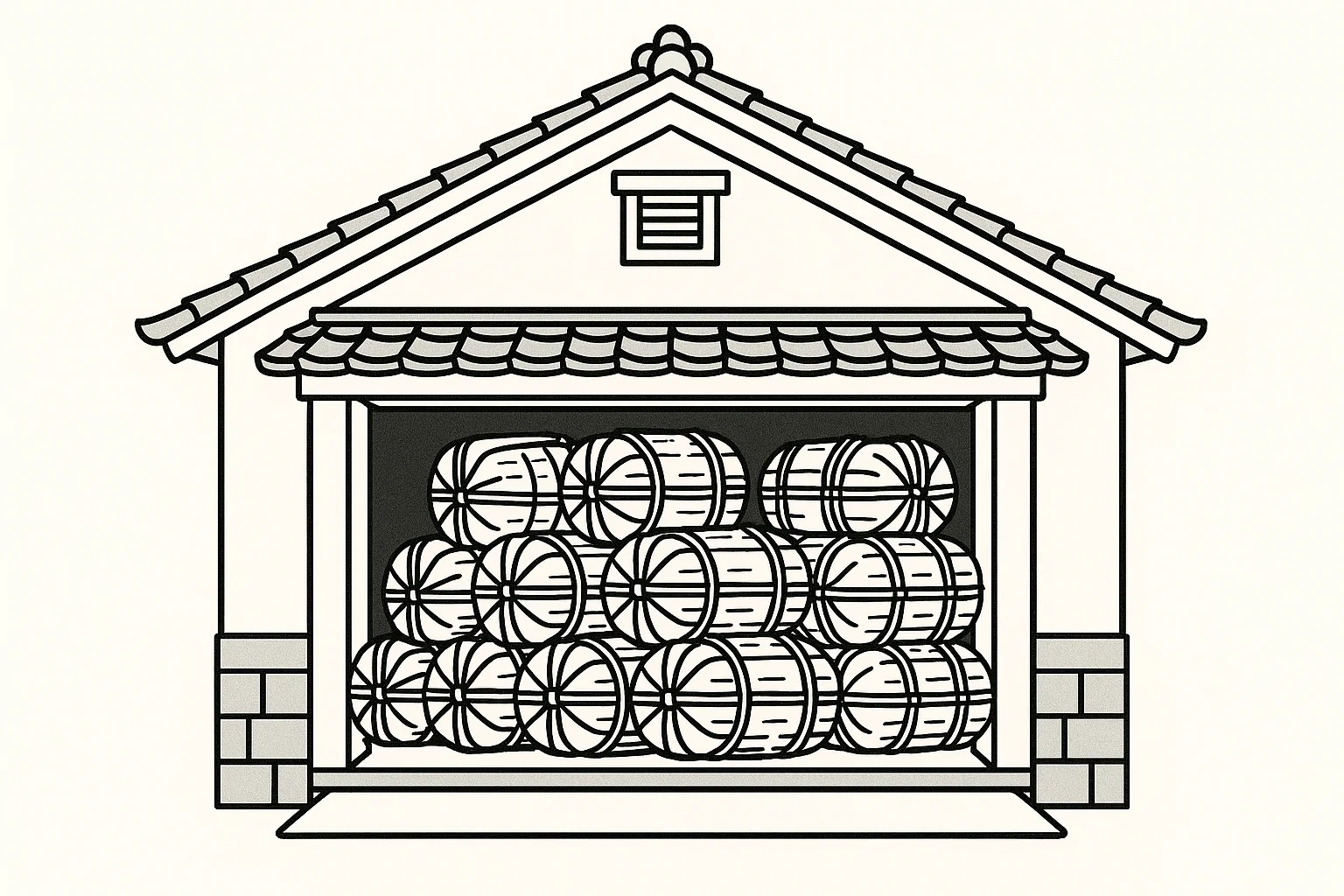 蔵に米俵がたくさん積まれているイラスト。