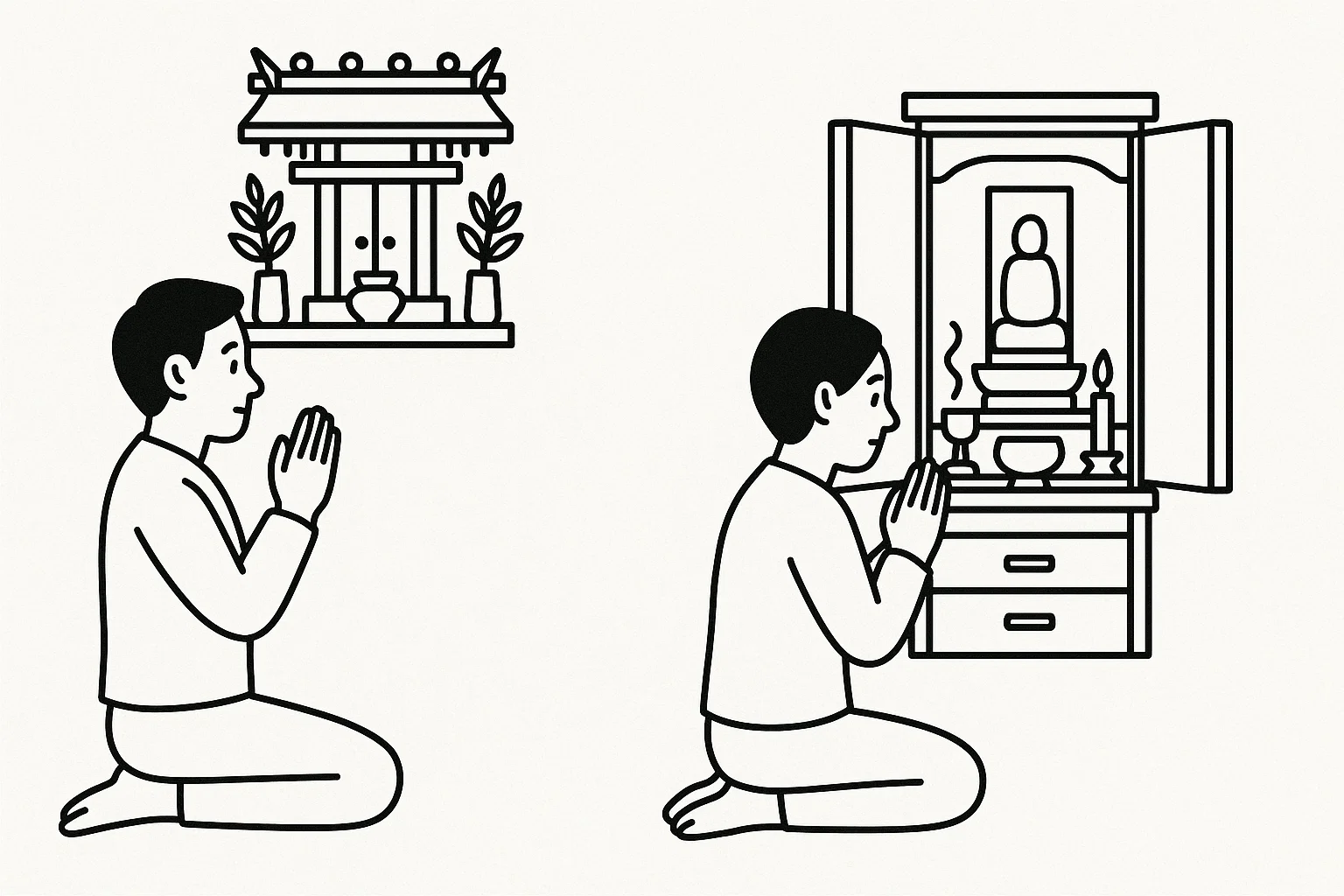 左側に神棚を拝む人。右側に仏壇を拝む人のイラスト。