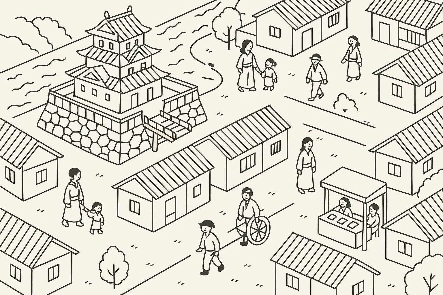 城下町での人々の生活を描いたイラスト