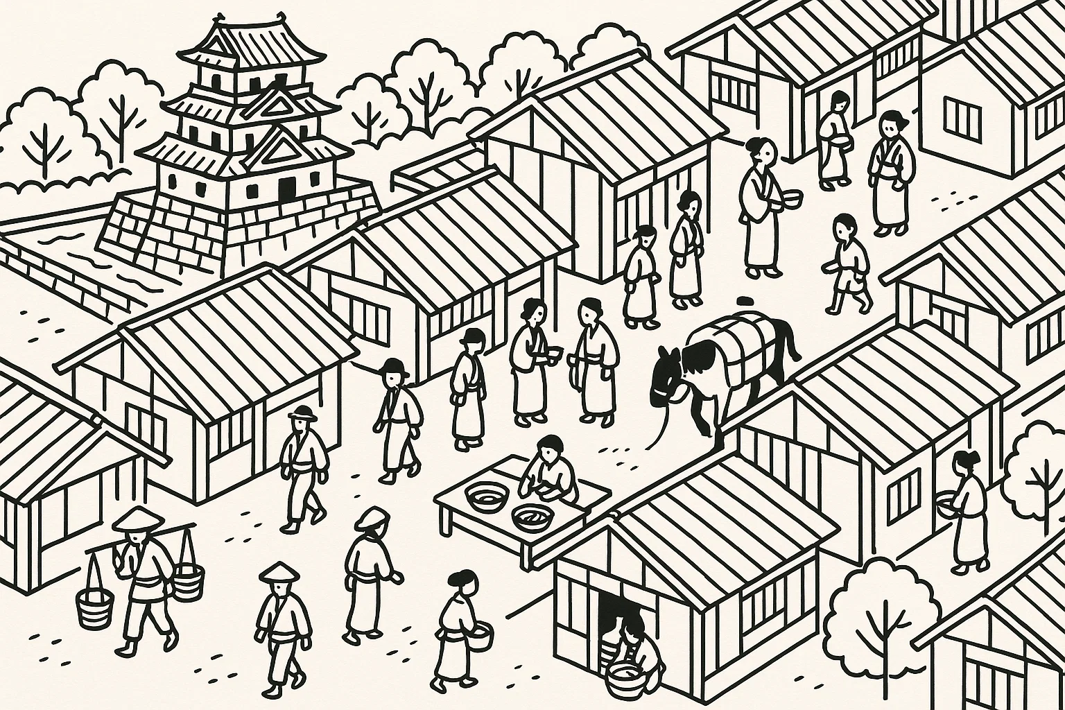 城下町の生活を俯瞰で描いたイラスト