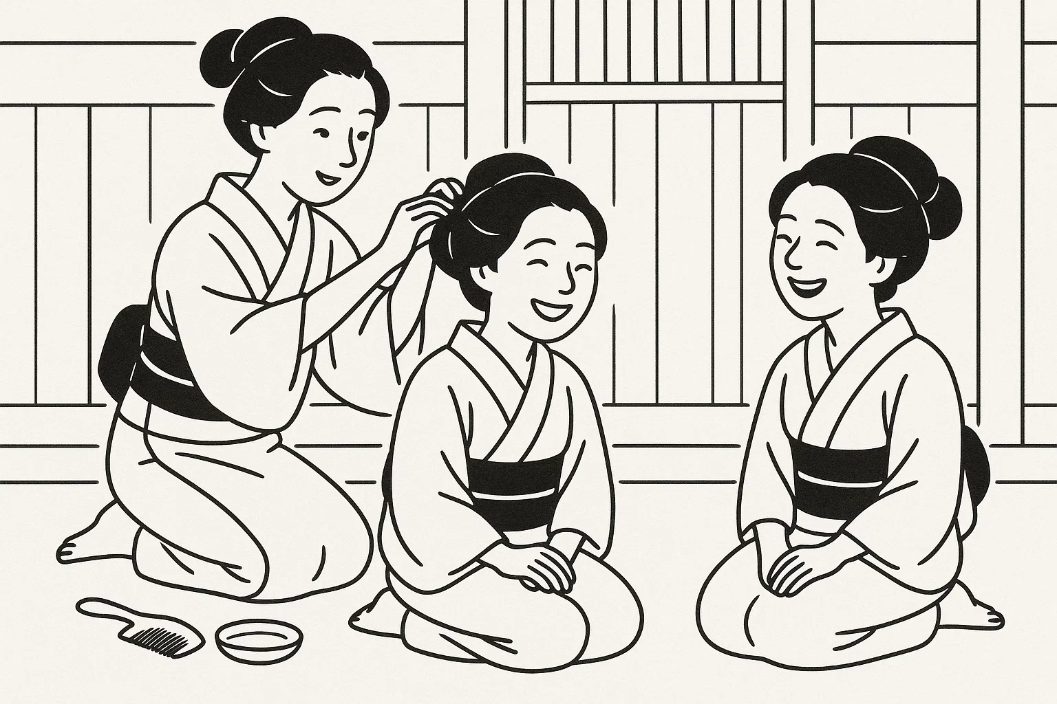 江戸時代。髪結いをしながら世間話で盛り上がる様子。