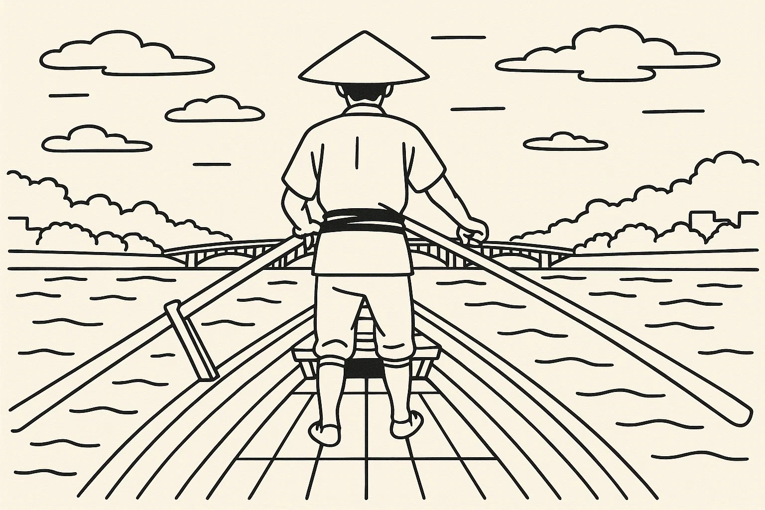 江戸時代の隅田川で櫓を漕ぐ船頭の後ろ姿。 江戸時代、男性1人、櫓、舟、川、空、雲、遠景に橋