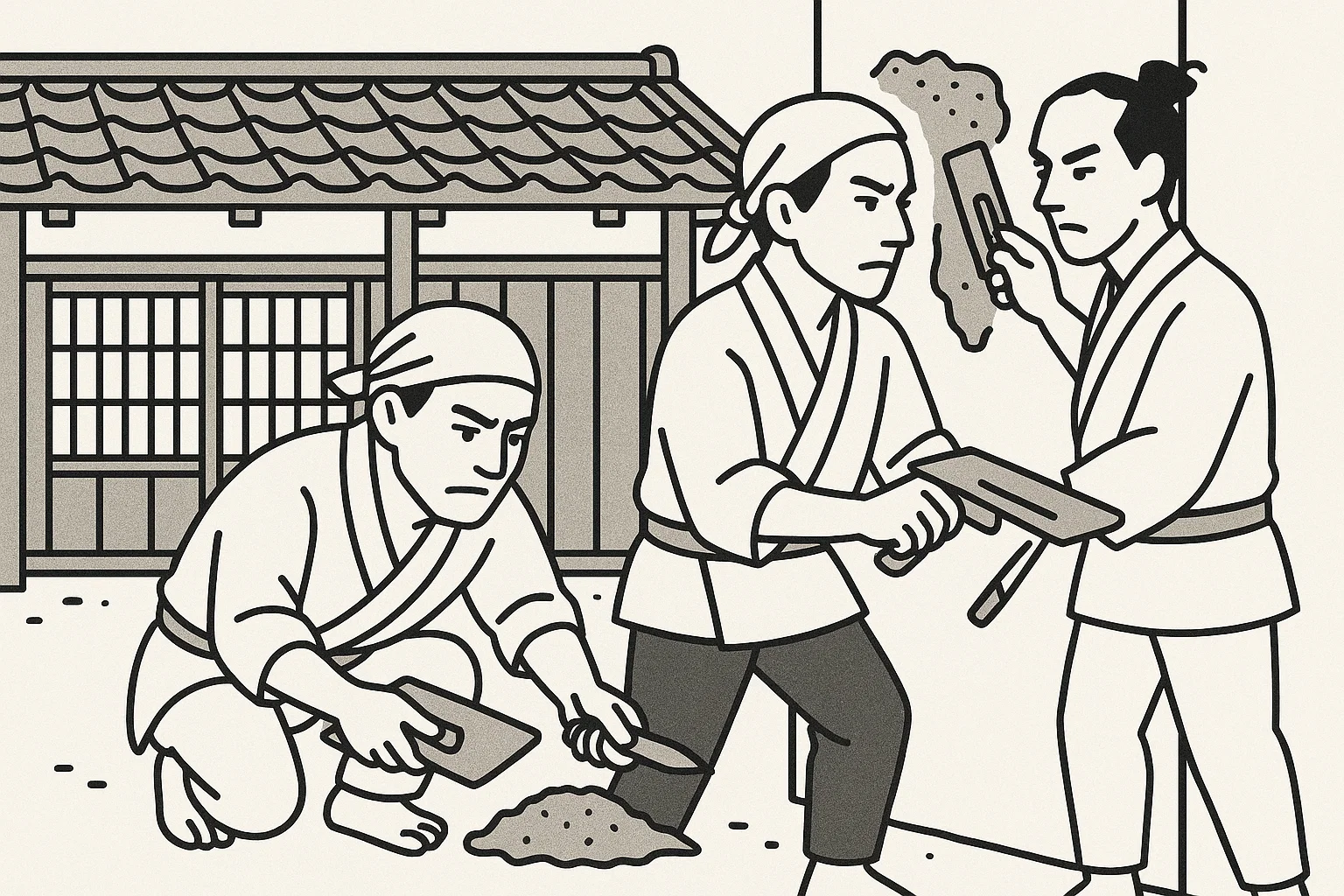 江戸時代の左官職人が鏝で壁を塗っている。 江戸時代、男性2人、鏝、白壁、土、真剣な表情、背景に長屋。