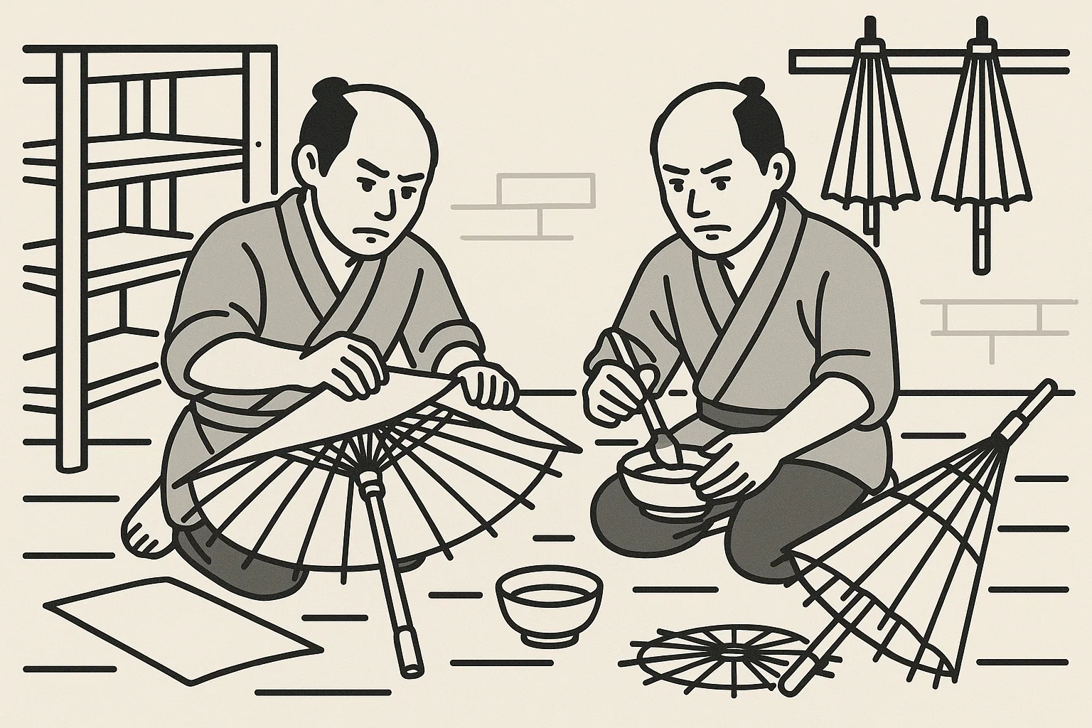 江戸時代の傘張り職人が竹骨に油紙を張っている。 江戸時代、男性2人、竹骨、油紙、糊、真剣な表情、背景に作業場。