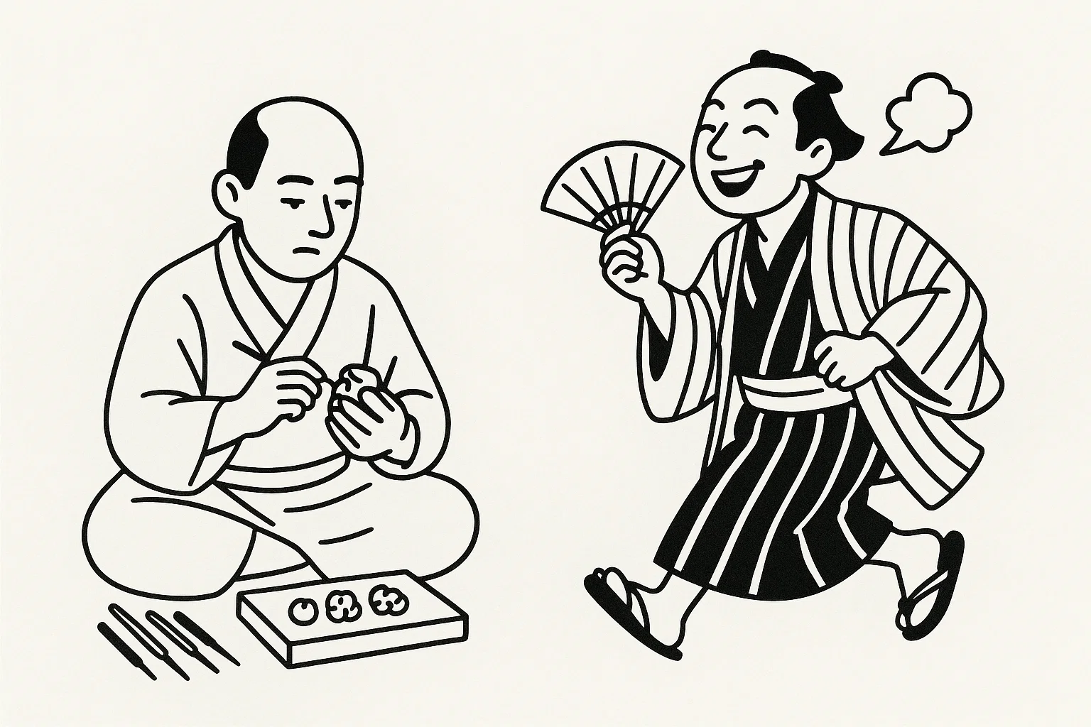 江戸時代の根付をつくってる堅実そうな人と、浮かれた遊び人風の江戸時代の旦那