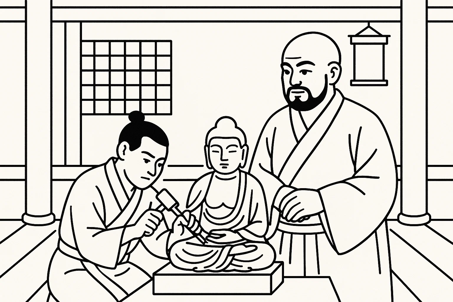 鎌倉時代の仏師。彫刻を掘る弟子と見守る運慶。