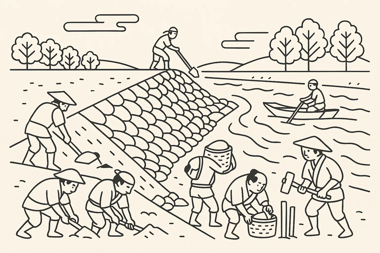 江戸時代の治水工事と水運の様子。堤防建設と舟運を描いたイラスト。徳川家康の都市計画を象徴する場面。