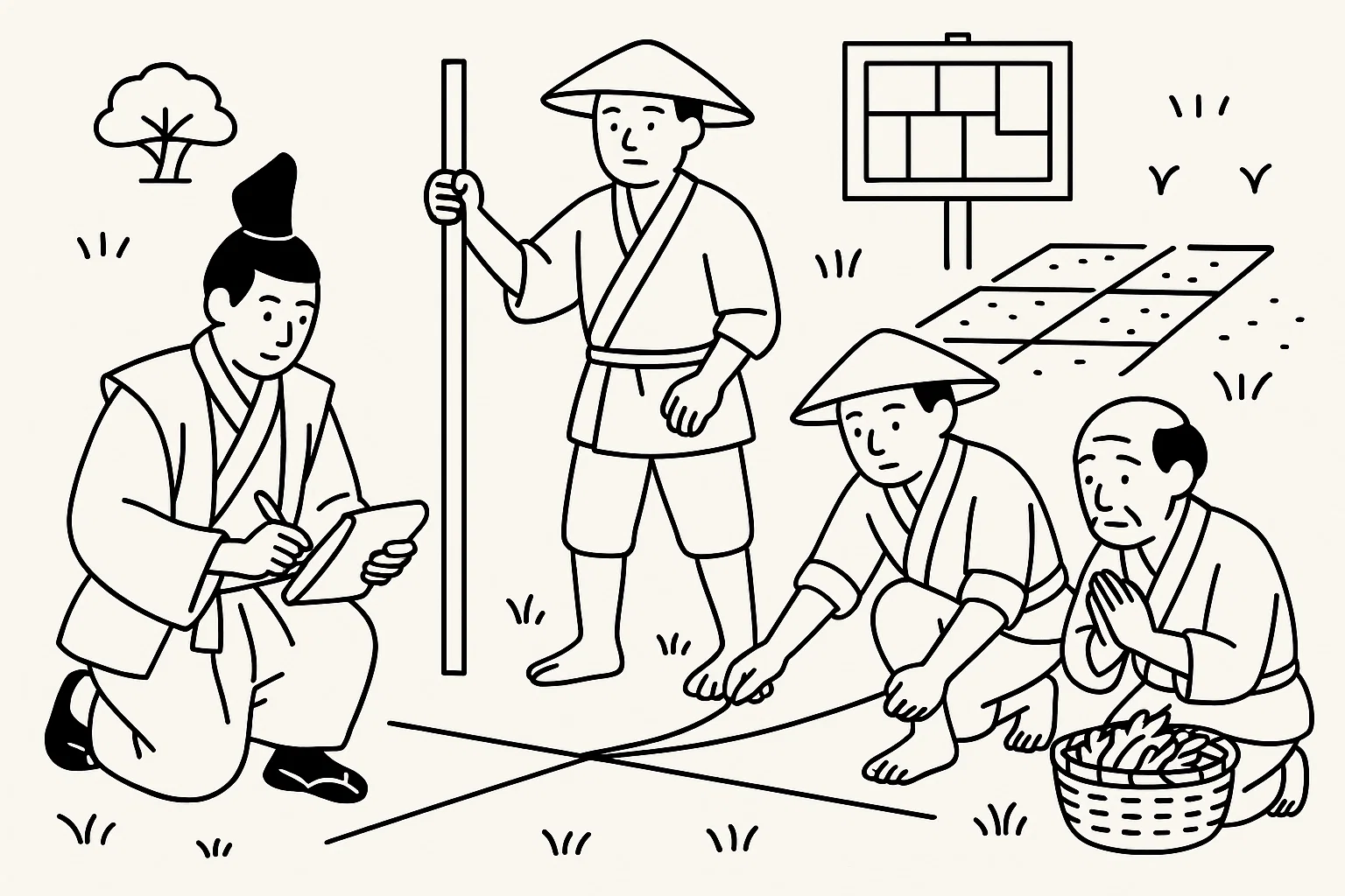 秀吉の時代。太閤検地をしている当時の役人と農民たちのイラスト。