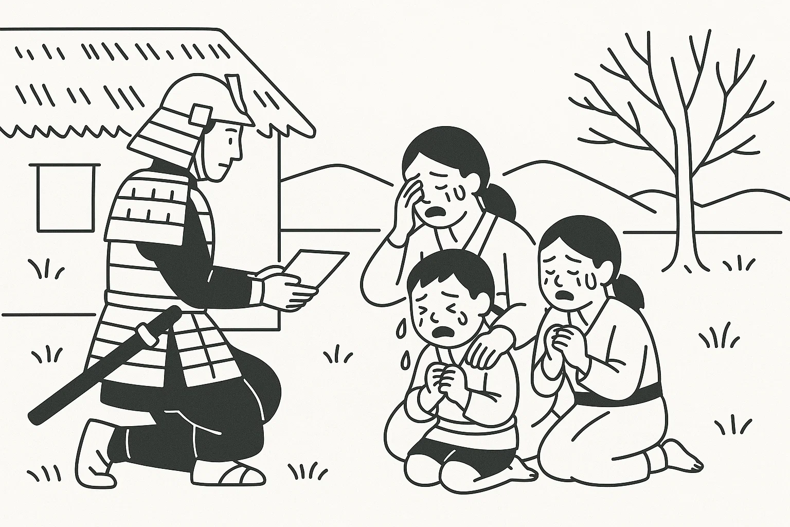 残された村の家族に訃報を届ける兵士