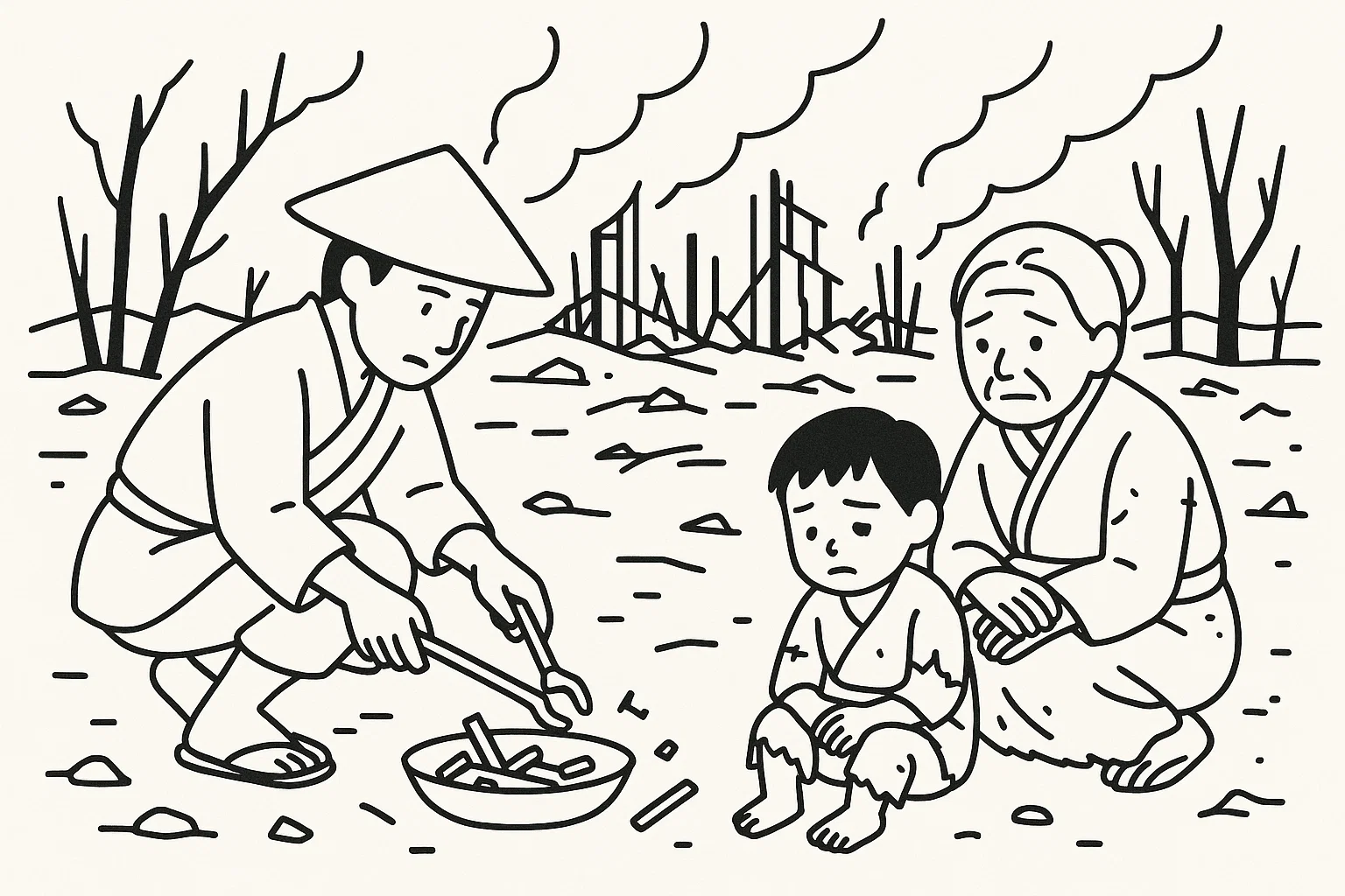 戦国時代の戦後、焼け野原となった場所に住む人々が、瓦礫の中から生活の痕跡を探している様子。大人が使えるものを拾い集め、子供が焦げた竹の笛を吹いているという、希望と悲哀が入り混じった情景