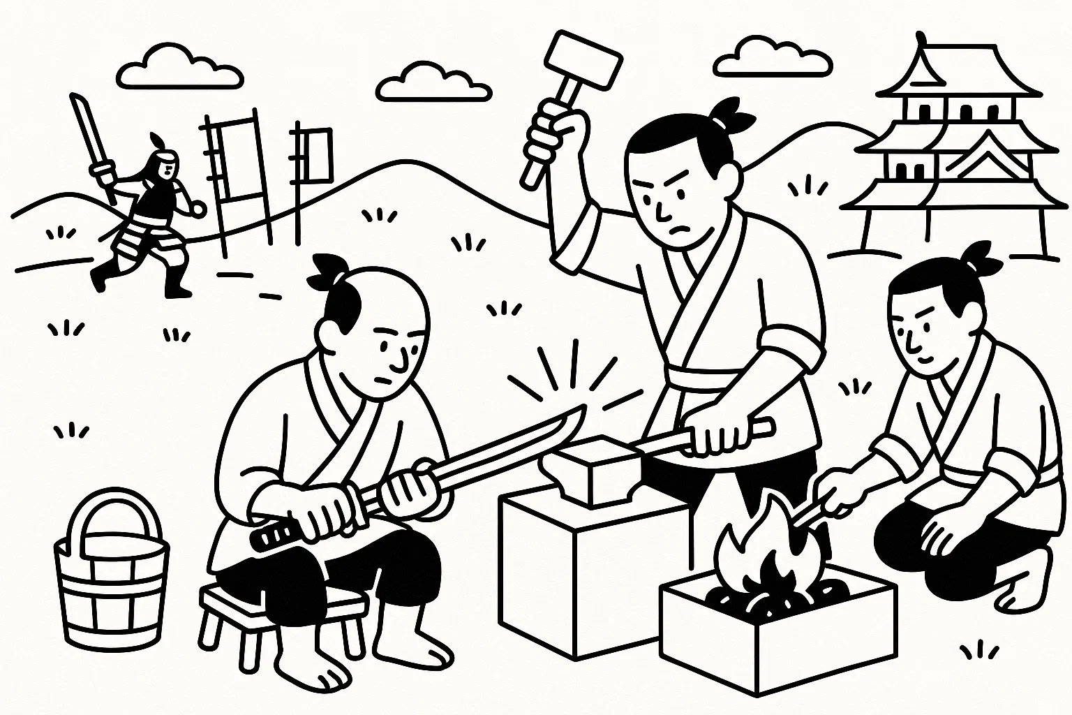 戦場の刀の修理。鍛冶屋職人たち。