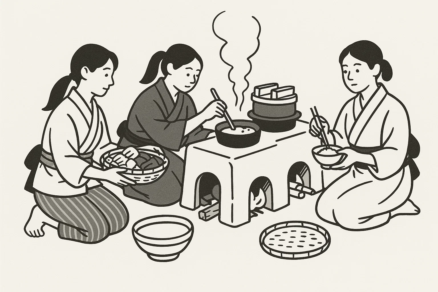 戦国時代。かまどの前で食事の用意をする女性たち