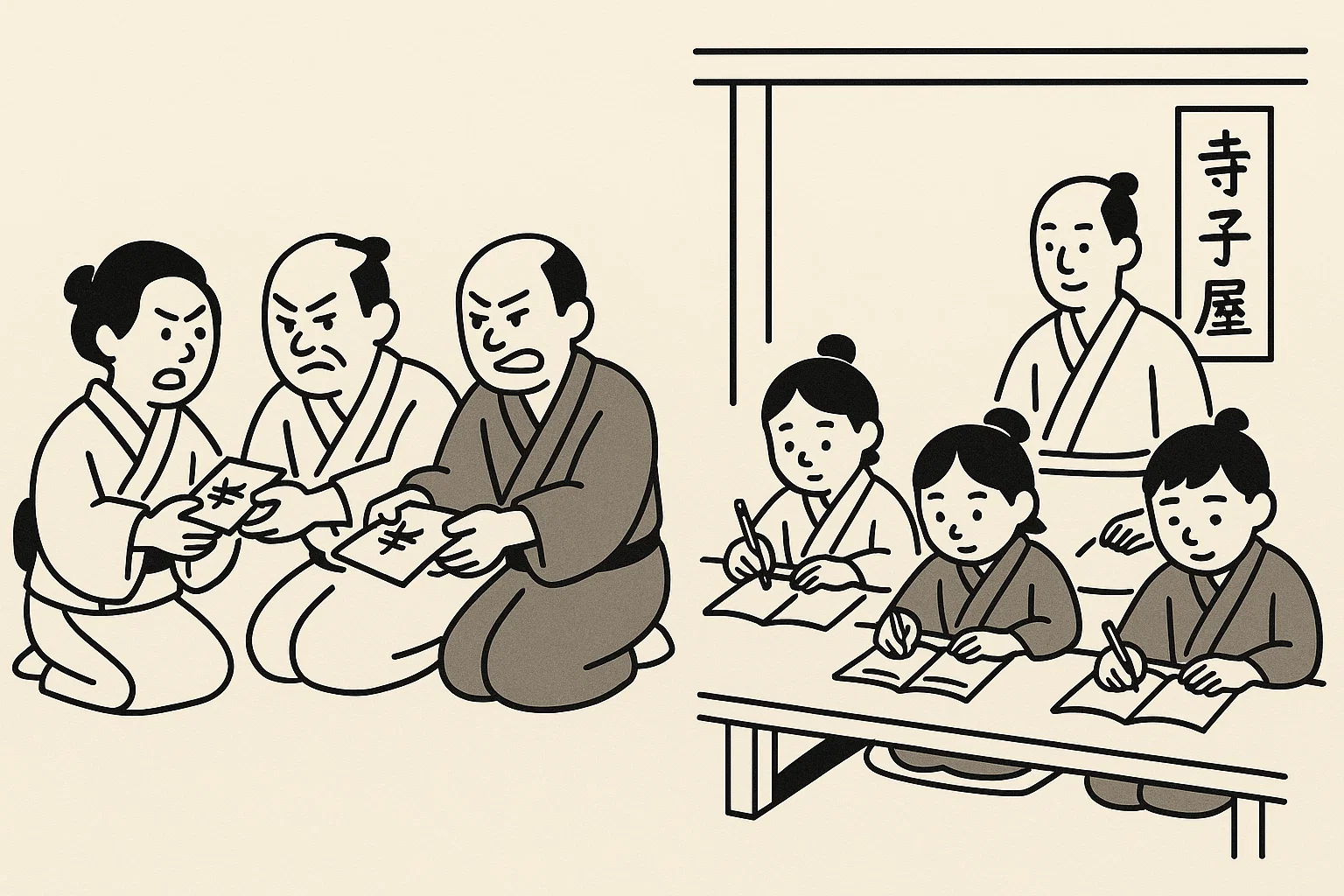 見栄のために月謝を高く払う親たちと子供。寺子屋の風景。