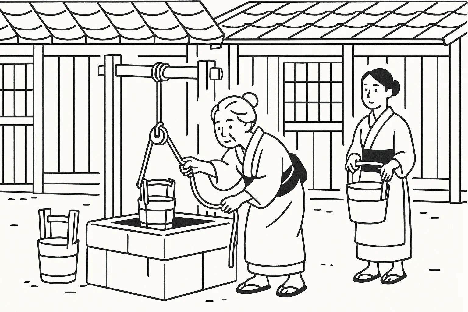 井戸で水をくむ順番を待つ女性