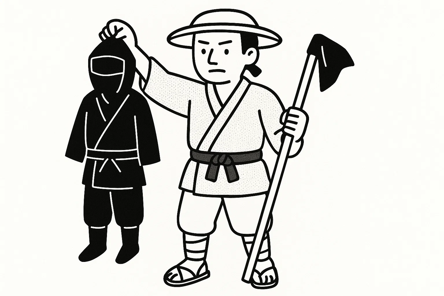 忍者の黒装束をもっている農夫