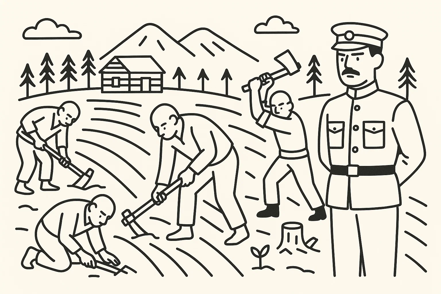 北海道の明治時代の開拓で、看守の管理のもと、囚人たちが開墾している様子