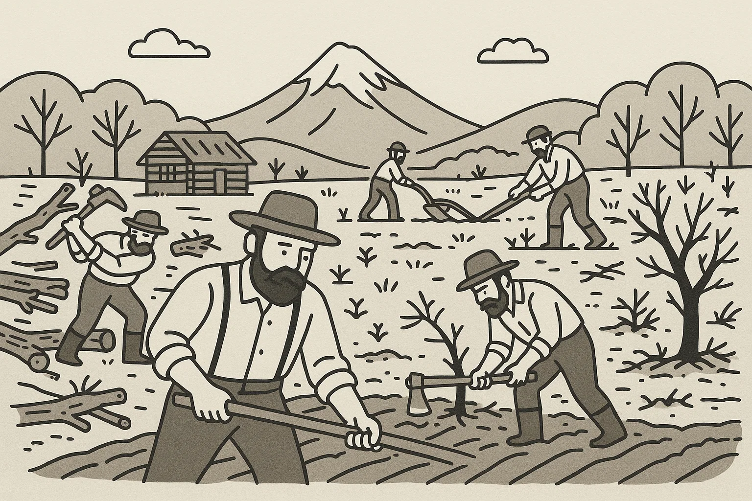 北海道の明治時代の開拓で、髭をたくわえた入植者たちが開墾している様子