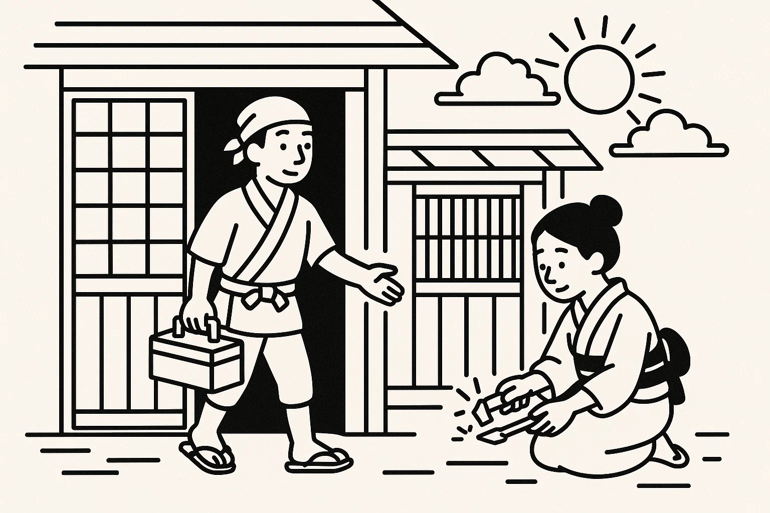 長屋で大工の旦那がでかけるときに奥さんが火打ち石をうっている朝の風景のイラスト