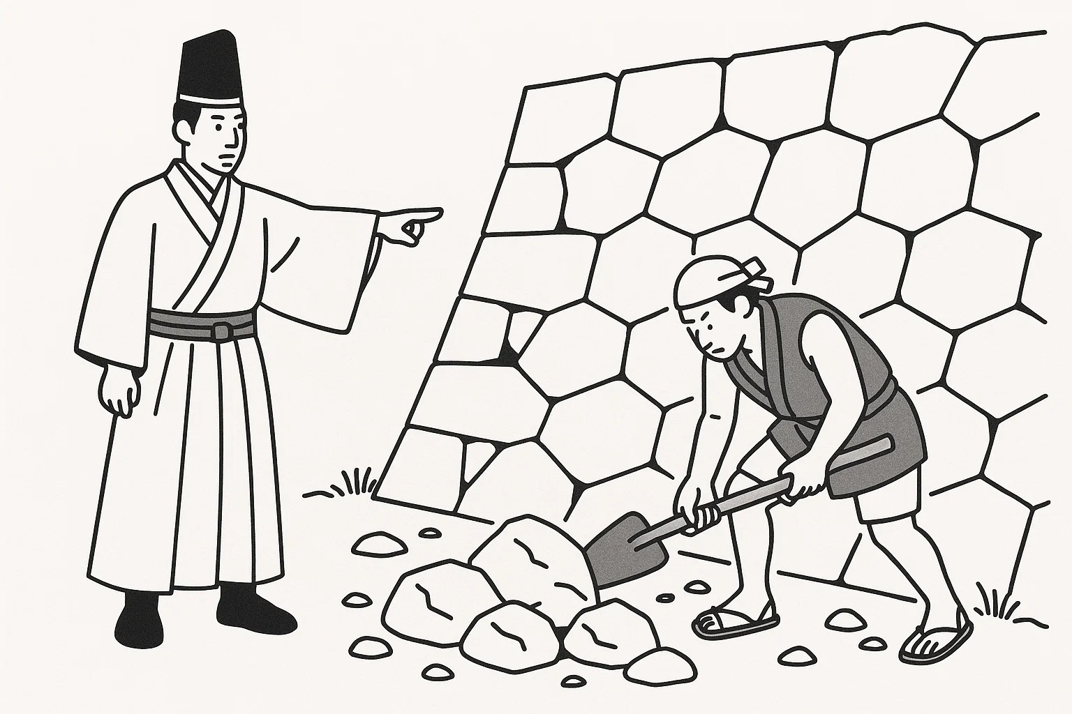 戦国時代。戦のあとの村を復興している土木作業する人と指示する役人