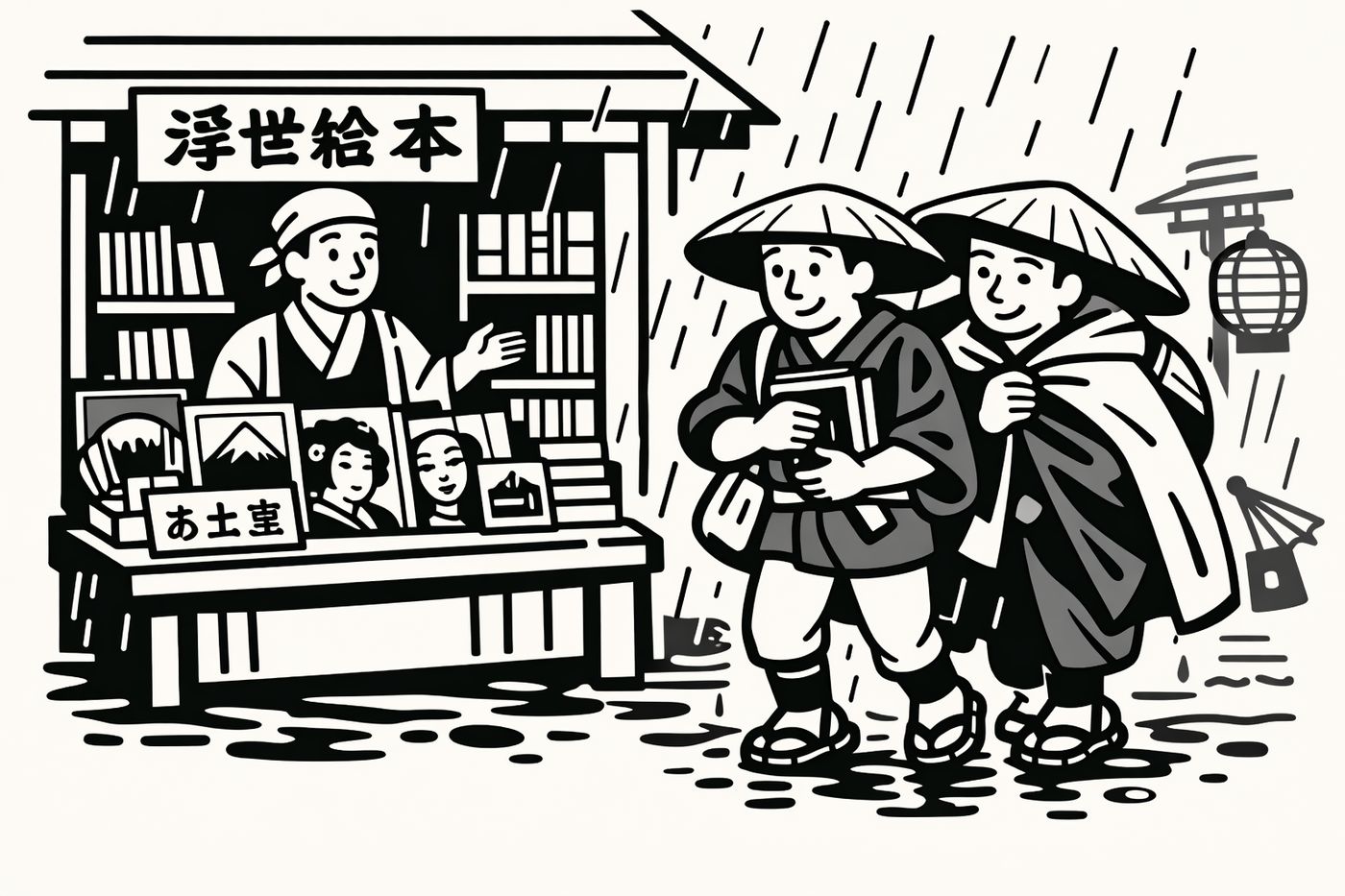 雨の中、浮世絵を売っている本屋さんから本の懐に入れて出てくる旅人二人