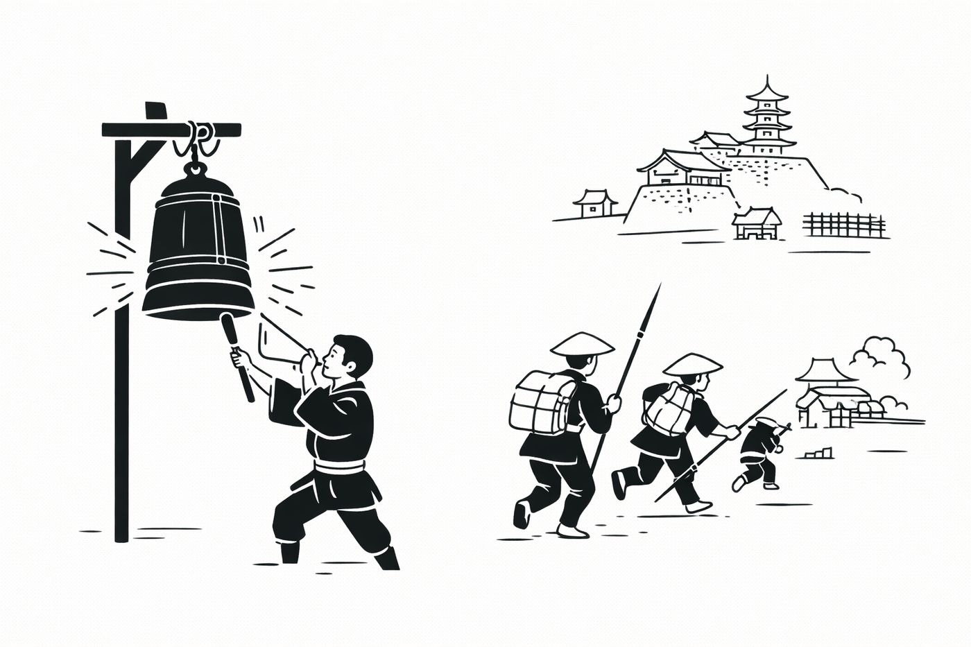 早鐘を打つ人物とホラ貝を吹く伝令、城へ向かって走る人々をシンプルなモノクロ線画で描いた、戦国時代の戦時連絡と避難の様子