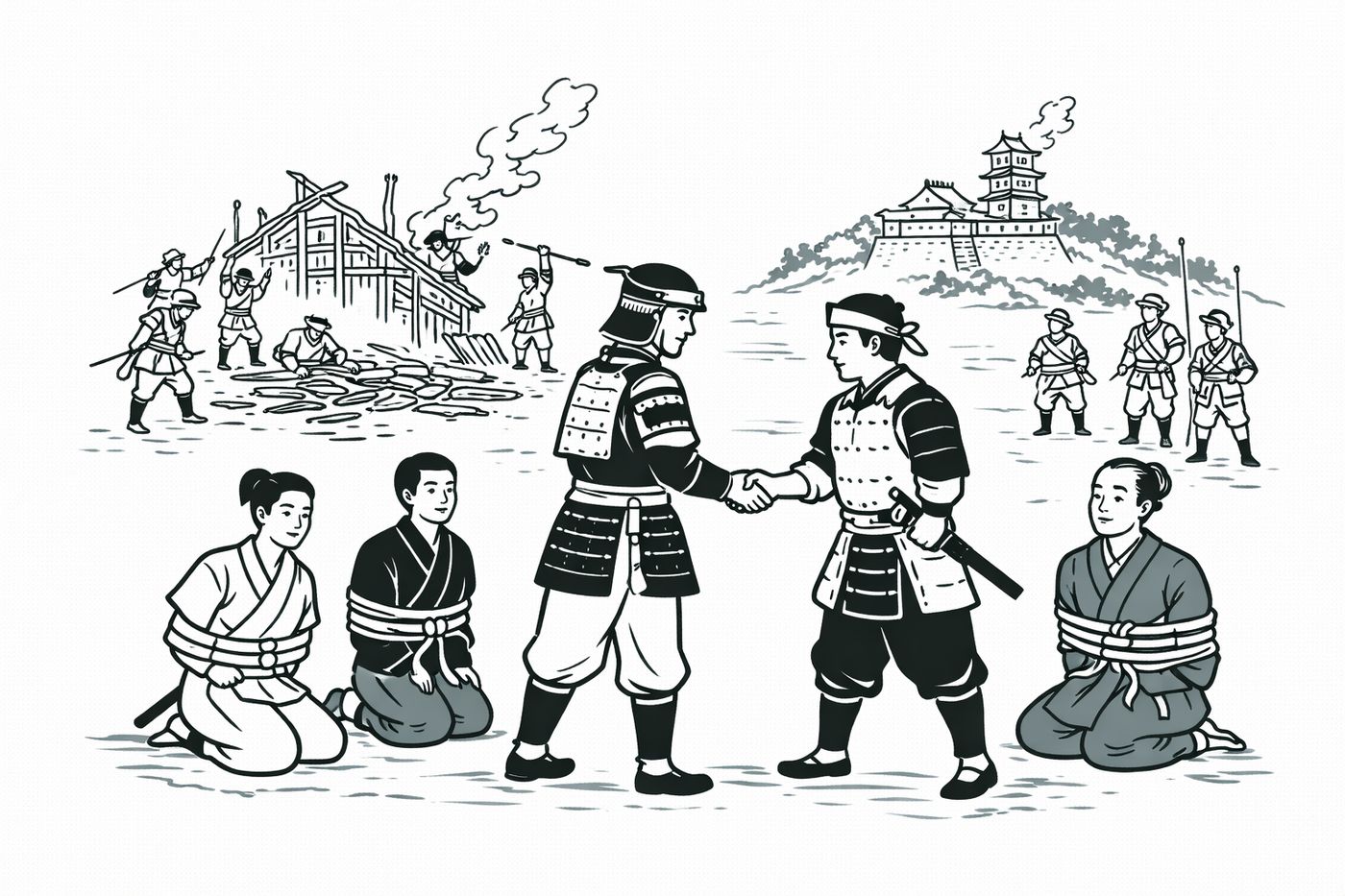 戦国時代の武将同士が和睦のしるしに握手し、背後で兵が陣城を解体している様子と、手前に人質が座る場面を、余白を活かしたモノクロのシンプルな線画で描いたイラスト