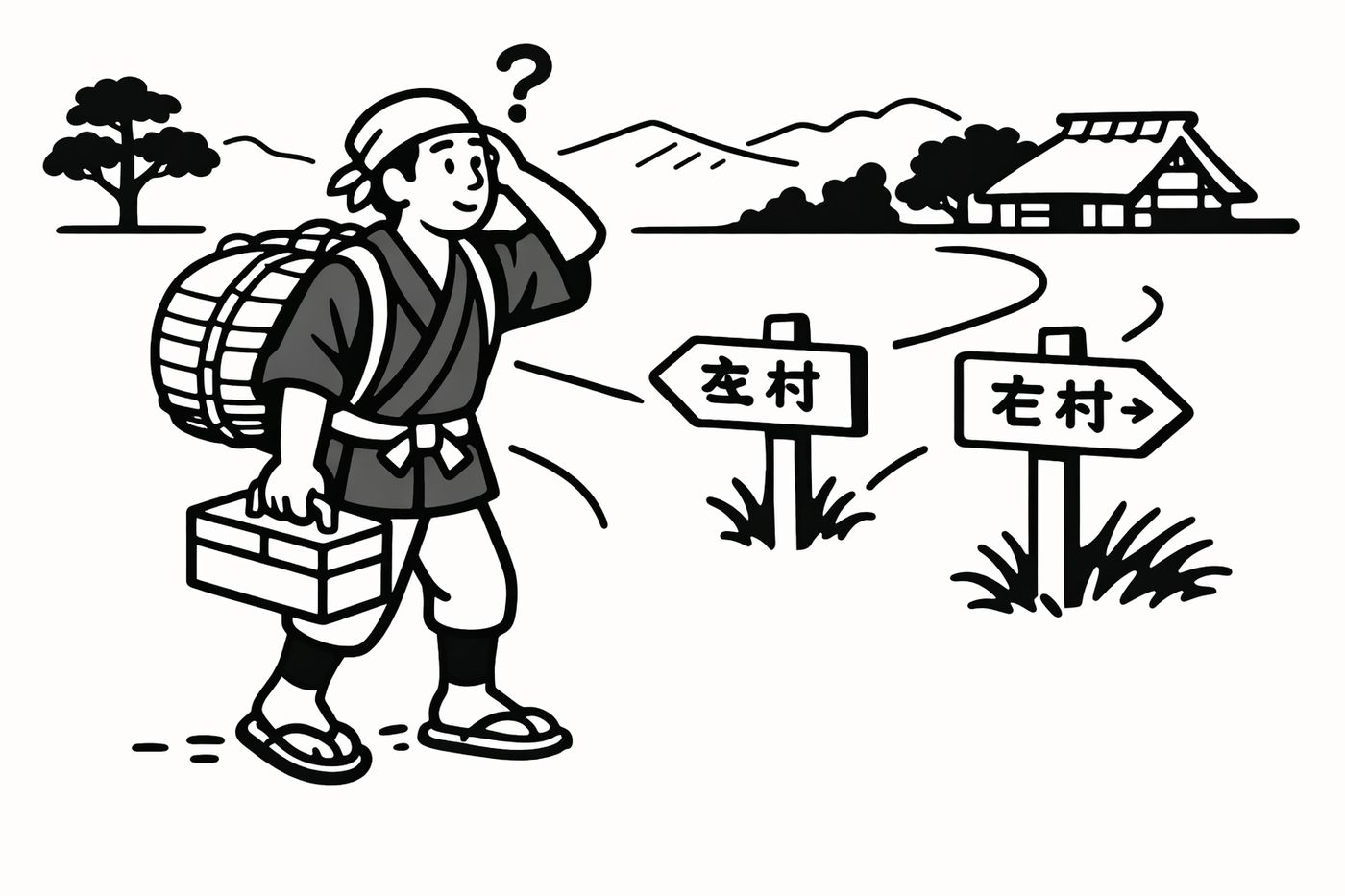 田舎に荷物を抱えて届ける人の姿。どっちに行くか迷ている感じ。